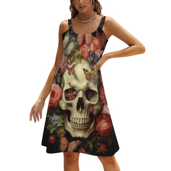 Gothic Skull Lover Womens Summer Dresses Casual Sleeveless Tshirt Sundresses Vacation Beach Cover Up Dress