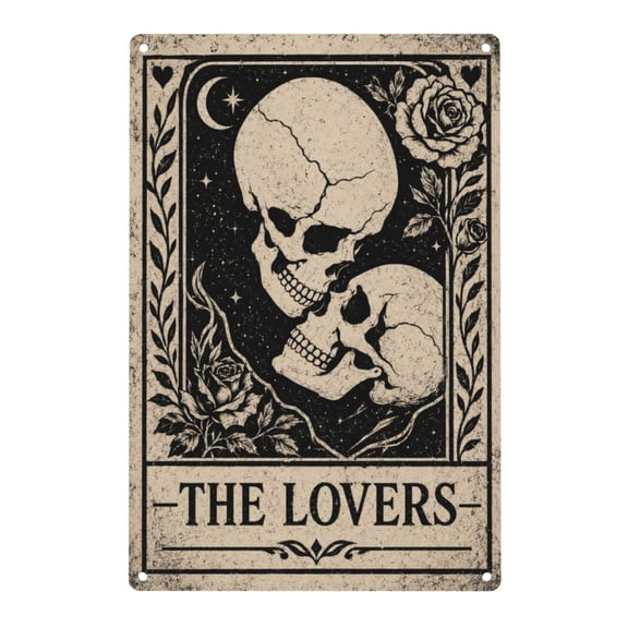Gothic Skull Lovers Metal Sign 8x12", Dark Wall Decor Gothic skull couple with roses adds dramatic vintage character to bedrooms, studios or dark romantic wall decor.