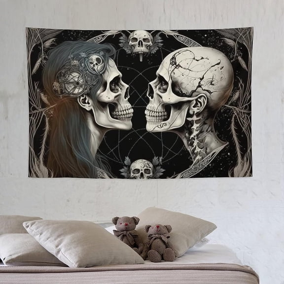 Gothic Skull Lovers Tarot Tapestry, Moon Witch Grunge Wall Hanging, Santa Muerte Style Decor, 60 x 40 Inches