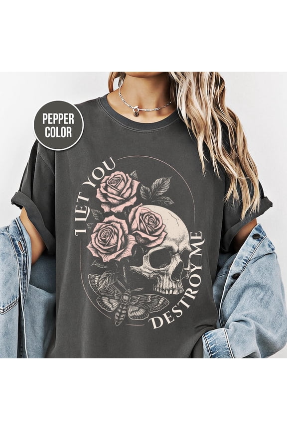 Gothic Skull Moth Roses Vintage Metal Inspired Graphic Design Comfort Colors Unisex Cotton T-Shirt, Size S-3XL