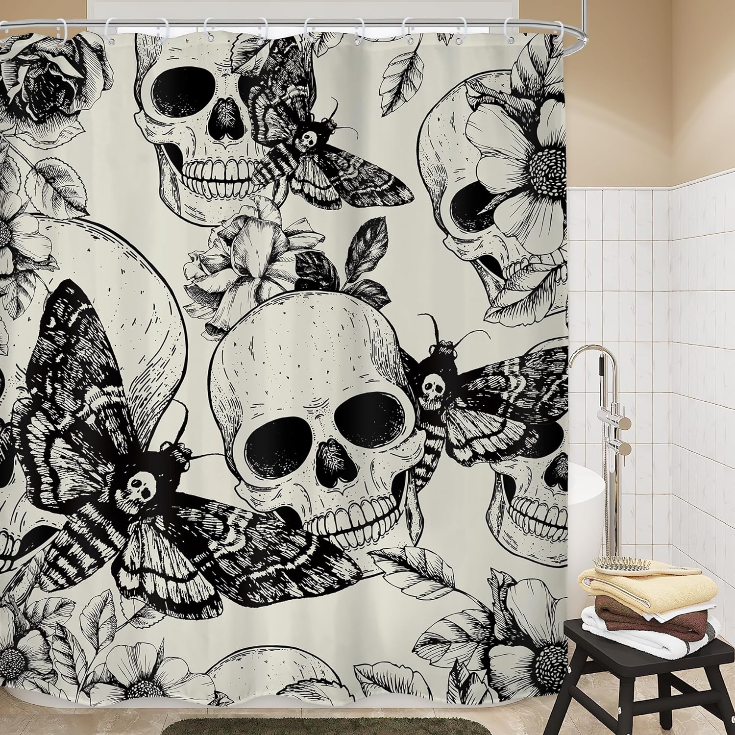 JIRGIXA Spooky Halloween Shower Curtain - Skull Skeleton Mushroom Gothic Bathroom Decor - View #7