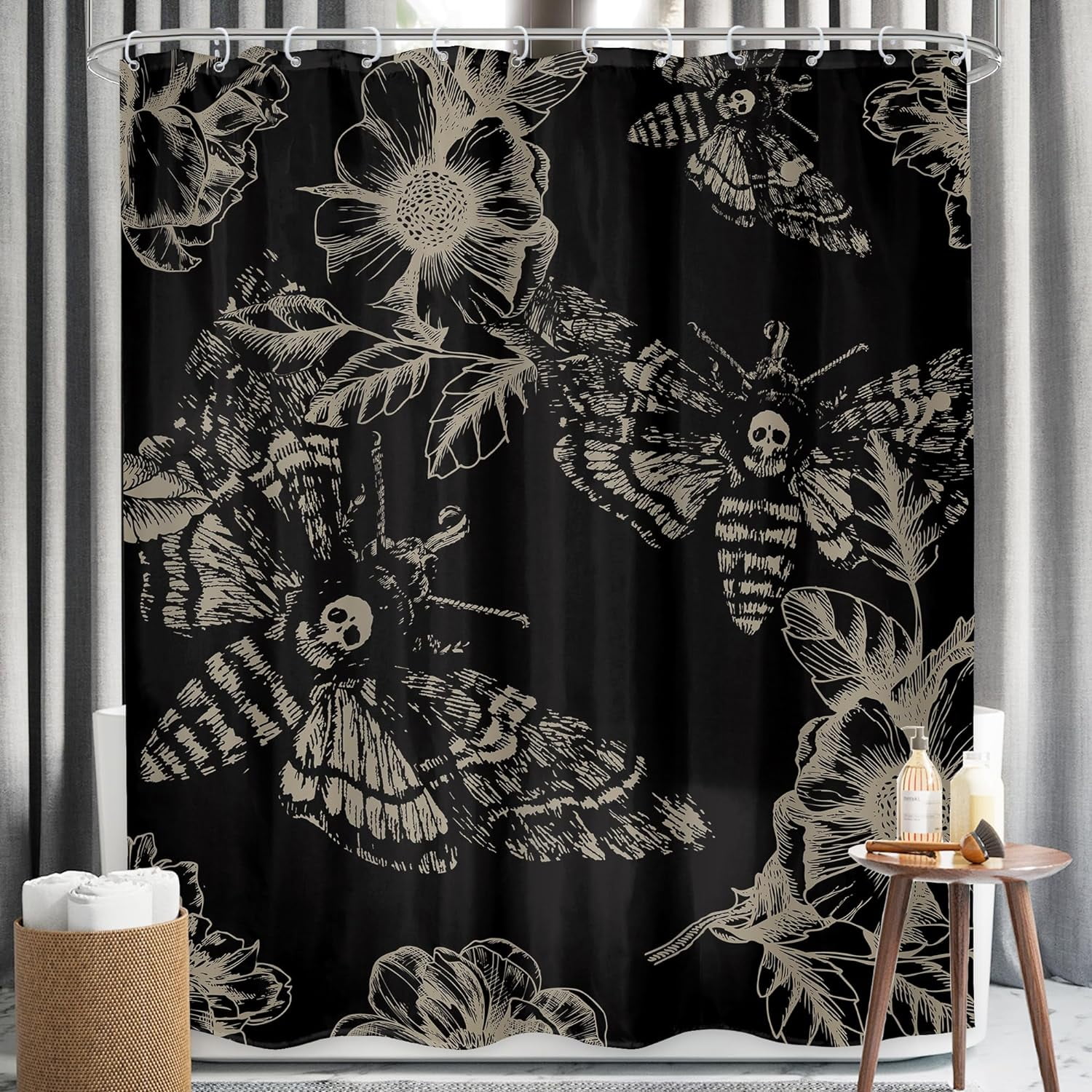Gothic Skull Moth Shower Curtain Bathroom Set 60Wx72H Inches Witchy ...