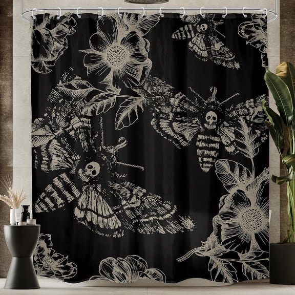 Gothic Skull Moth Shower Curtain Bathroom Set 71Wx71H Inches Witchy Scary Black Death Head Flower Botany Leaves Mysterious Butterflys Bath Accessories Men Art Home Decor Fabric 12 Pack Hooks