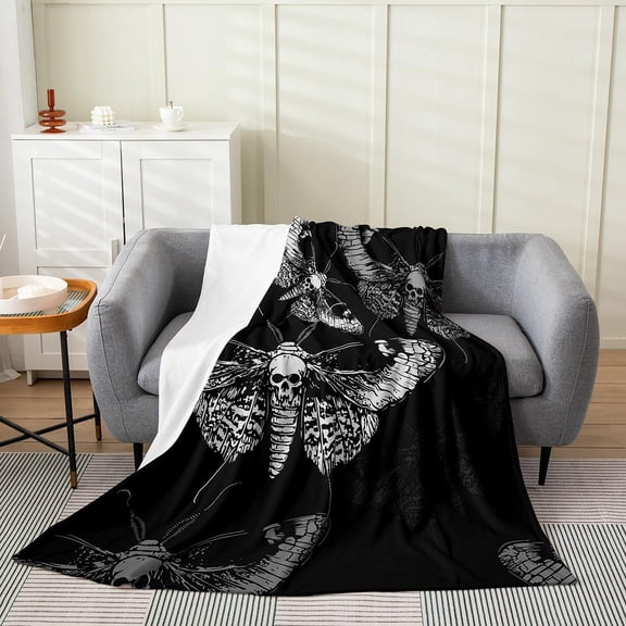 Gothic Skull Moth Throw Blanket Black And White Death Head Moth Fleece Blanket for Bed Couch Sofa