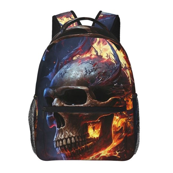Gothic Skull On Fire Death Cool Backpack Casual College Bag Zipper Laptop Daypack Hiking Rucksack Travel