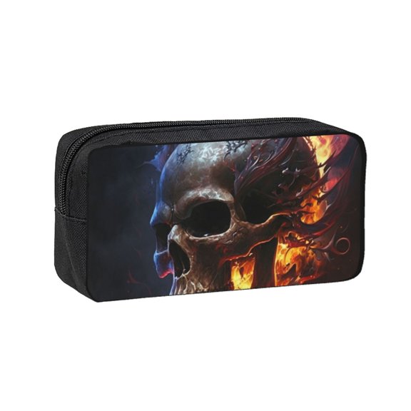 Gothic Skull On Fire Death Cool Large Capacity Pen Case Pencil Pouch Multi-Purpose Storage for Art Supplies, Makeup, Stationery, Office, Travel