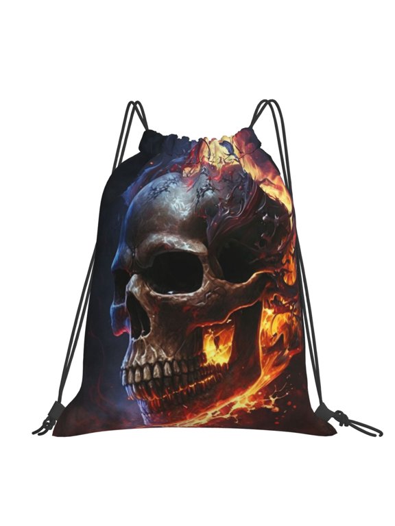 Gothic Skull On Fire Death Cool Large Drawstring Backpack Casual Cinch Sack Bag Backpack for Sports Hiking Travel Gym