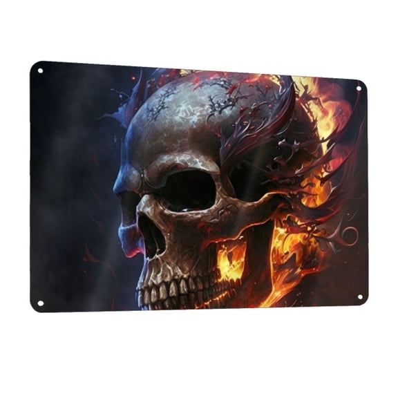 Gothic Skull On Fire Death Cool Metal Tin Sign Wall Decor for Home Bars Restaurants Cafes Store Pubs Sign Gift 12 X 8 Inch