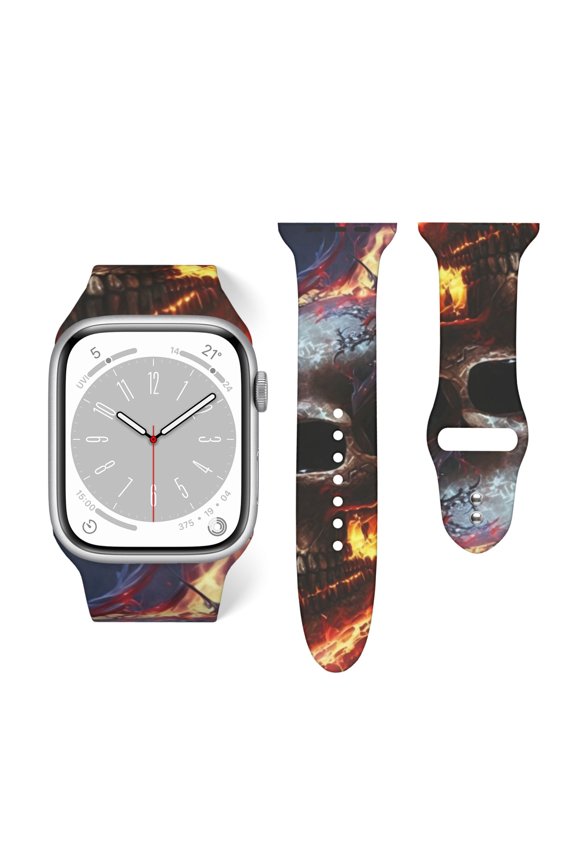 Gothic Skull On Fire Death Cool Soft Silicone Sport Band 42mm44mm Wristband for Apple Watch, Waterproof Buckle Strap for Series 9/8/7/6/SE/Ultra