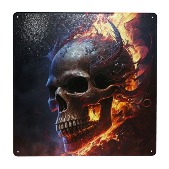 Gothic Skull On Fire Death Cool Square Metal Sign 12x12 Inch Tin Sign Wall Decor Decorative Plaque for Bar, Cafe, Restaurant