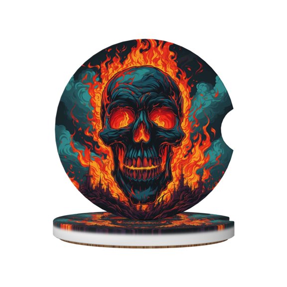 Gothic Skull On Fire Flaming Absorbent Ceramic Car Coasters, 2-Piece Set with Non-Slip Cork Base for Auto Cup Holders