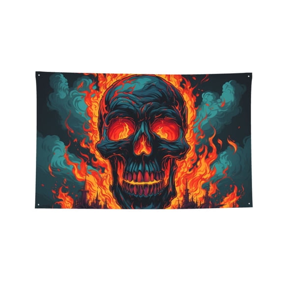 Gothic Skull On Fire Flaming Four Hole Decorated Banner Flag for Garden Yard Home Decoration Indoor Outdoor 2x3 Ft