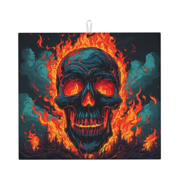 Gothic Skull On Fire Flaming Kitchen Drying Mat 18x16 Inch Ultra Absorbent Countertop Mat Foldable with Hanging Loop