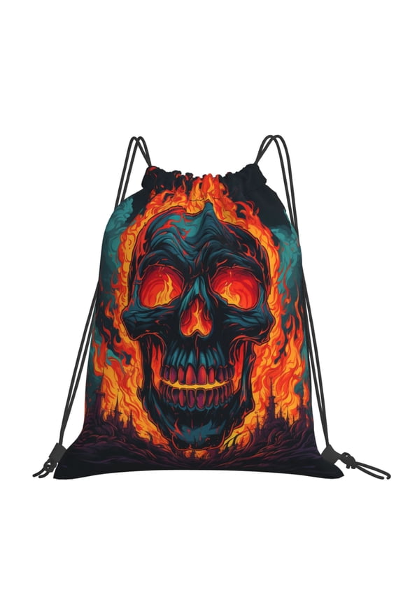 Gothic Skull On Fire Flaming Large Drawstring Backpack Casual Cinch Sack Bag Backpack for Sports Hiking Travel Gym