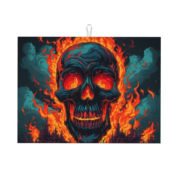 Gothic Skull On Fire Flaming Large Kitchen Drying Mat 18x24 Inch Ultra Absorbent Dish Drying Mats Foldable Countertop Protector
