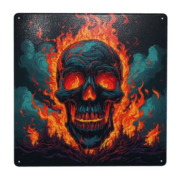Gothic Skull On Fire Flaming Square Metal Sign 12x12 Inch Tin Sign Wall Decor Decorative Plaque for Bar, Cafe, Restaurant