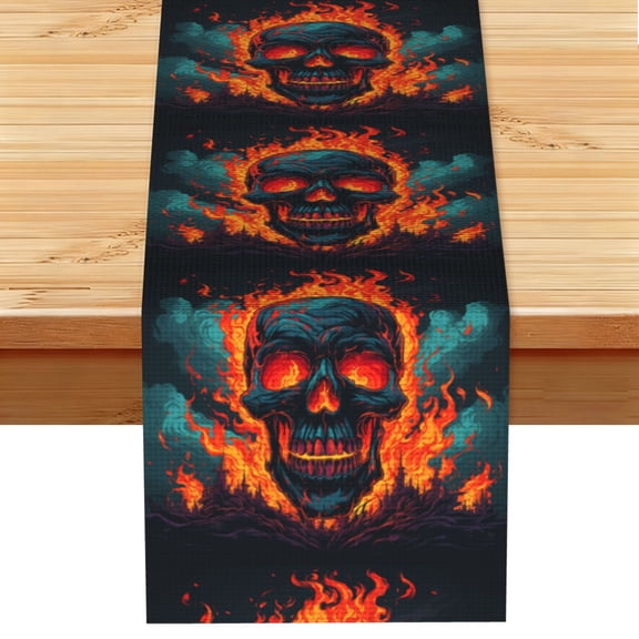 Gothic Skull On Fire Flaming Table Runner 13x72 Inch for Dining Table Kitchen Wedding Party Decor Fireplace Mantle