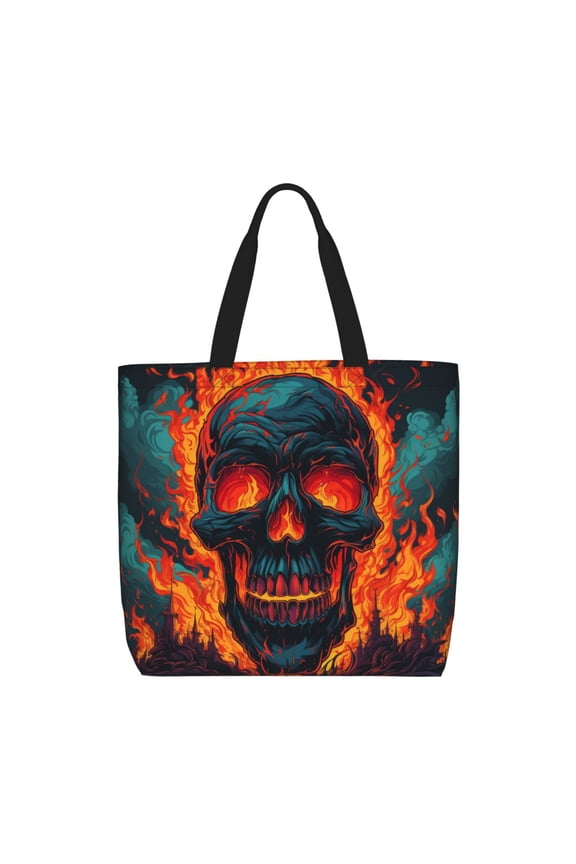 Gothic Skull On Fire Flaming Zippered Tote Bag Large Capacity Shoulder Handbag for Shopping, Work, Travel