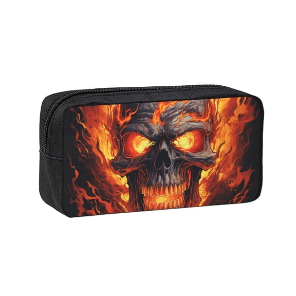 Gothic Skull On Fire Vintage Art Large Capacity Pen Case Pencil Pouch Multi-Purpose Storage for Art Supplies, Makeup, Stationery, Office, Travel