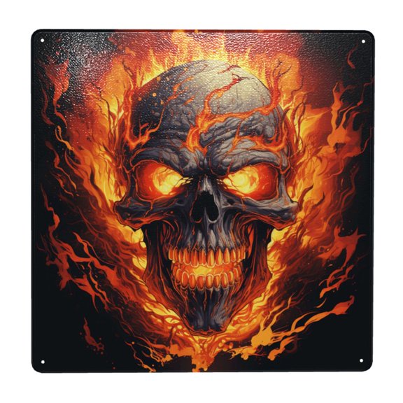 Gothic Skull On Fire Vintage Art Square Metal Sign 12x12 Inch Tin Sign Wall Decor Decorative Plaque for Bar, Cafe, Restaurant