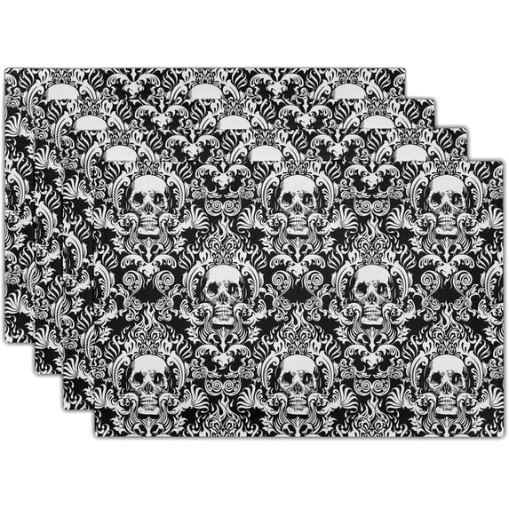 Gothic Skull Placemats, Halloween Skeleton Decorative Linen Place Mat, Spooky Day of The Dead Table Mats for Kitchen Dining, Heat Resistant Non Slip, Set of 4, 12"x18"