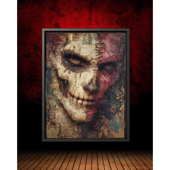 Gothic Skull Portrait Poster, Stitched Face Dark Horror Wall Art, Creepy Decor, Macabre Dark Academia Artwork, Unframed Poster Size 12x18