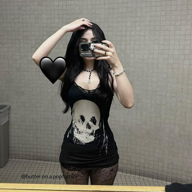 Gothic Skull Print Club Party Cami Mini Dress Women's Harajuku Emo
