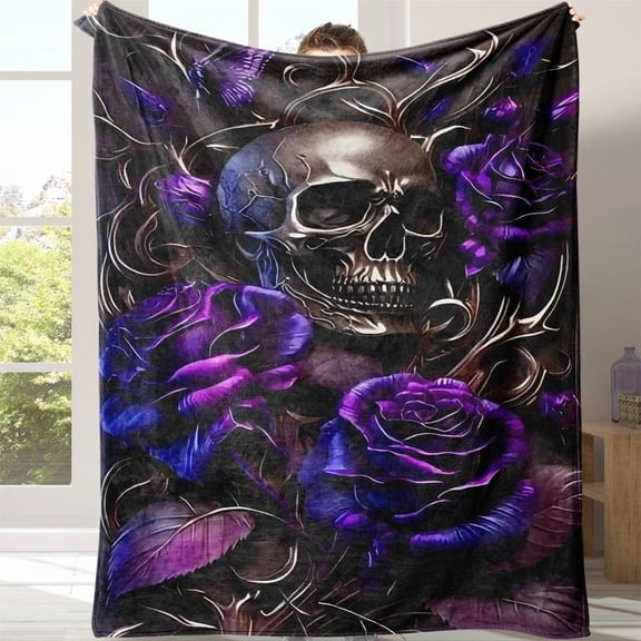 Gothic Skull Print Flannel Blanket, Casual Soft Throw Blanket with Storage Bag, Warm Napping Blanket for Home Office School Travel
