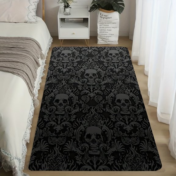Gothic Skull Print Flannel Floor Mat, Non Slip Decorative Area Rug for Living Room