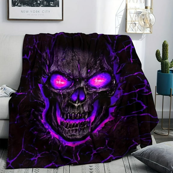 Gothic Skull Print Fleece Throw Blanket – Ultra-Soft Warm and Machine Washable for All Seasons Vibrant Purple Glowing Design Perfect for Sofa Bed or Horror-Themed Home Decor