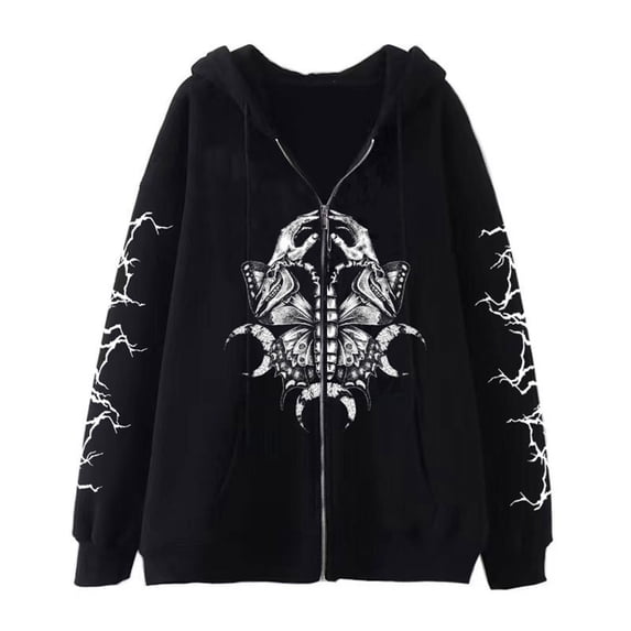 Gothic Skull Print Hoodie Y2K Harajuku Style Sweatshirt Unisex Oversized Casual Zip-Up Hooded Sweatshirt