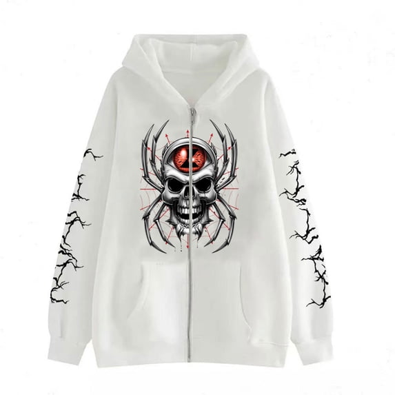 Gothic Skull Print Hoodie Y2K Harajuku Style Sweatshirt Unisex Oversized Casual Zip-Up Hooded Sweatshirt
