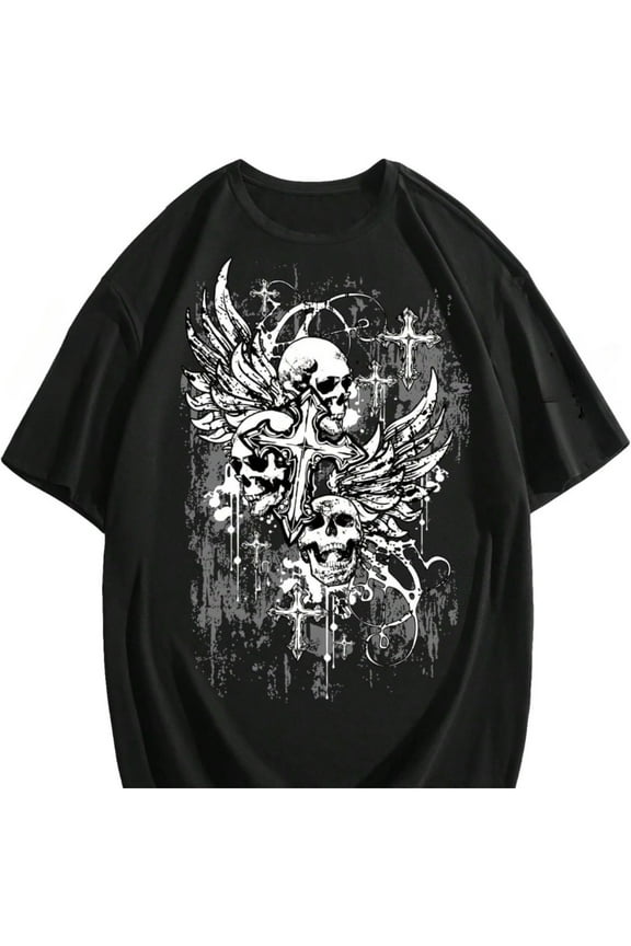 [Gothic Skull Print Tee] Y2K Streetwear Gothic Graphic Tees - Men's Skull Print Drop Shoulder Short Sleeve Tshirt Top