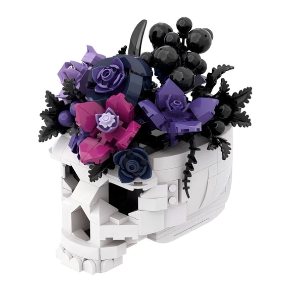 Gothic Skull Purple Roses Bouquet Building Blocks Set Horror Skeleton Flower Pot Decor Bricks Toys 516pcs