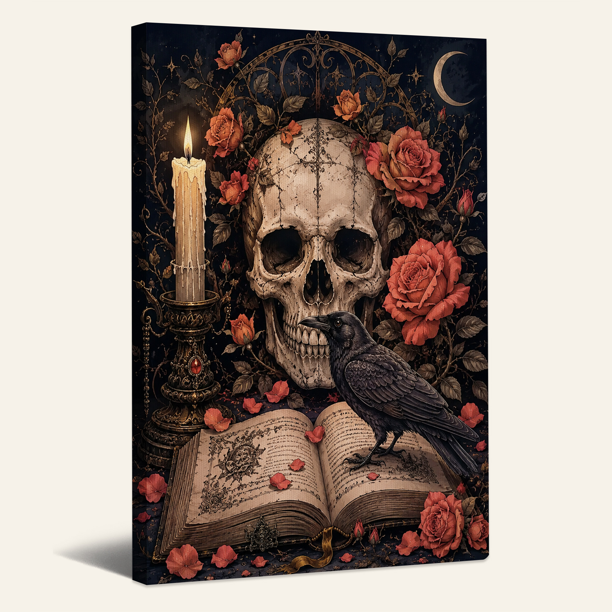 Gothic Skull Raven And Red Roses Night Sky Halloween Canvas Wall Art Gothic Skull Raven And Red Roses Night Sky Halloween Canvas Wall Art
