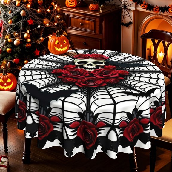 Gothic Skull Red Rose Bat Spider Web 2D Print Round Tablecloth, Halloween Themed Decorative Table Cover for Kitchen Patio Dining, Spooky Goth Home Decor