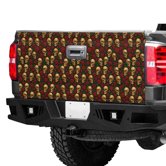 Gothic Skull & Red Rose Tailgate Wrap – Dark Floral Skull Pattern Truck Tailgate Decal, Gothic Aesthetic Pickup Tailgate Graphic