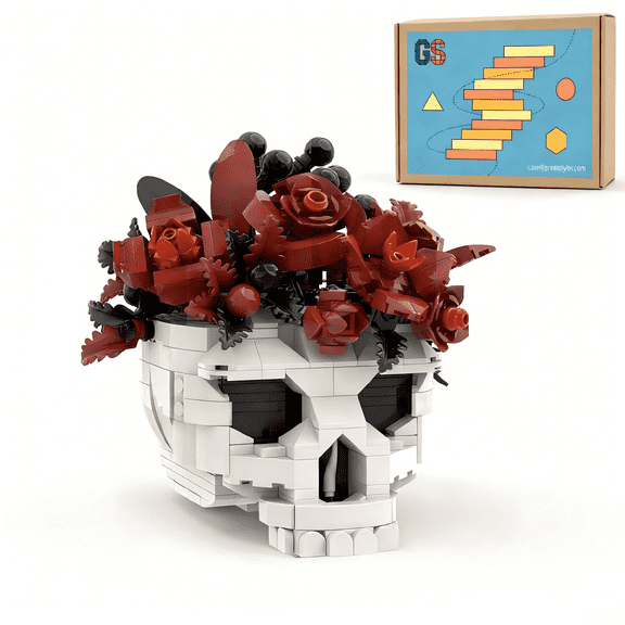 GreatStyler Gothic Skull Red Roses Bouquet Building Set, Horror Skeleton Flower Pot Decor, Decorative Gothic Home Table Centerpiece Decor