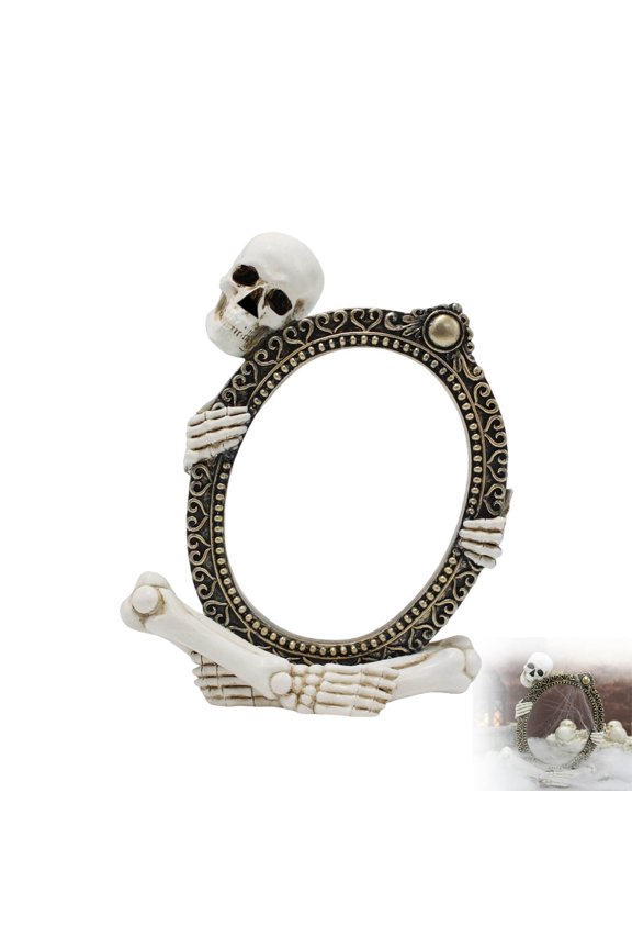 Gothic Skull Resin Photo Frame, Vintage Skeleton Design with Ornate Carved Border, Halloween Bar Dark Decor Display Gift (6.4x5.2in, Dark Gothic)