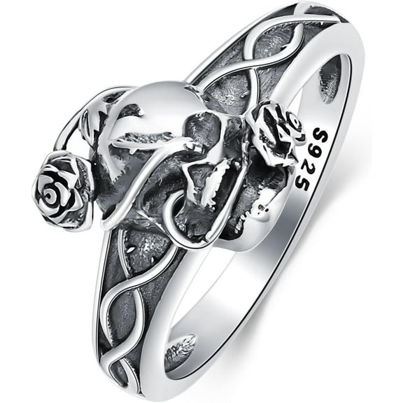 Gothic Skull Ring 925 Sterling Silver Rose Flower Skeleton Statement Ring Retro Vintage Cocktail Party Punk Halloween Jewelry for Women Men