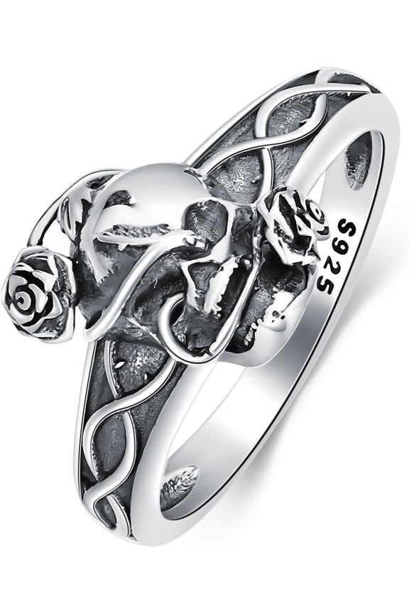 Gothic Skull Ring 925 Sterling Silver Rose Flower Skeleton Statement Ring Retro Vintage Cocktail Party Punk Halloween Jewelry for Women Men