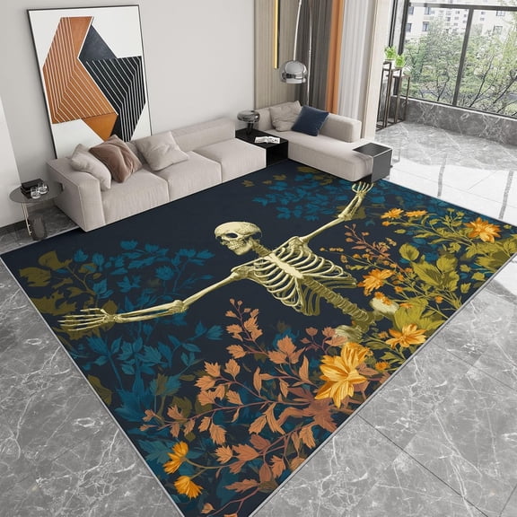 Gothic Skull Rose Area Rugs, Plant Skull Rose Carpet, Washable Non Slip Low Pile Soft Rug for Living Room Bedroom Dining Room Decor Mat 5x8ft