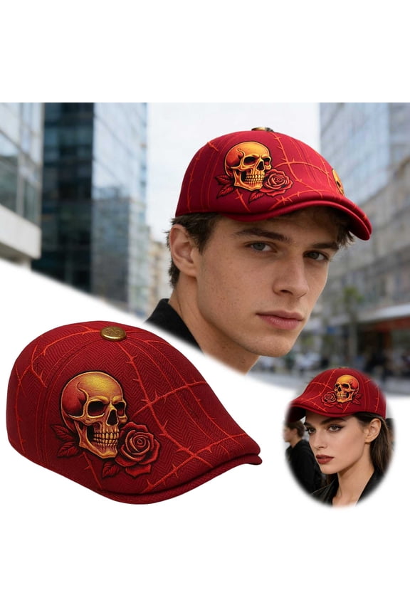 Gothic Skull & Rose Newsboy Cap,Embroidered Flat Bill Beret for Men & Women, Retro Streetwear Hat with Intricate Embroidery, Unisex Fashion Cap for Daily & Parties