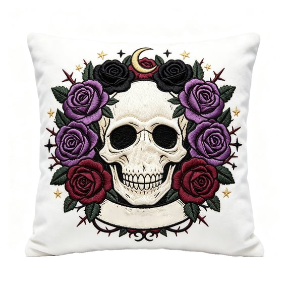 Gothic Skull Rose Pillow Cover, Decorative Throw Pillow Case, Soft Short Plush Embroidered Cushion Cover for Sofa Bed Living Room Home Decor, 18x18 Inches