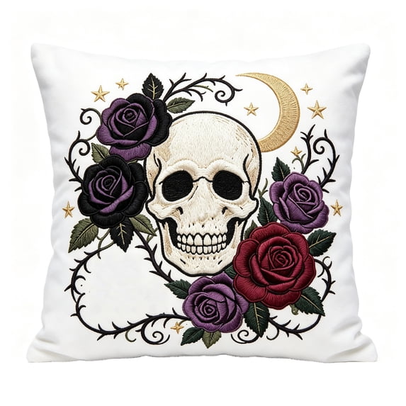 Gothic Skull Rose Pillow Cover, Decorative Throw Pillow Case, Soft Short Plush Embroidered Cushion Cover for Sofa Bed Living Room Home Decor, 18x18 Inches