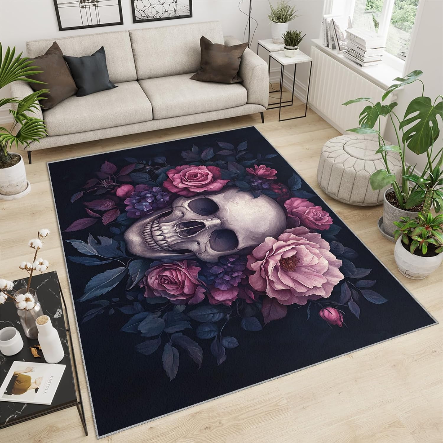 Gothic Skull Roses Area Rug Dark Romantic Floral Rugs For Bedroom ...