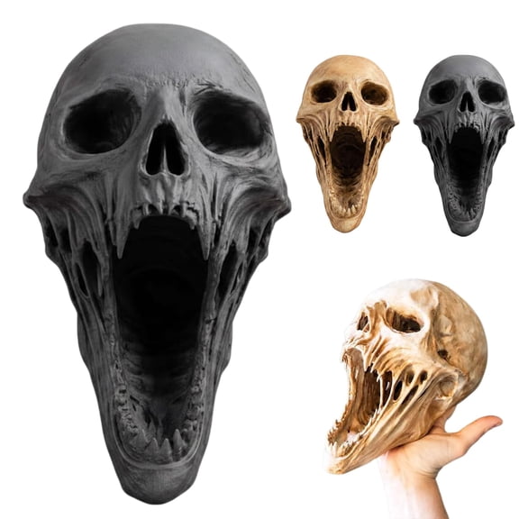 Gothic Skull Sculpture, 6.5'' Dark Horror Skull Art Display Piece, 3D Printed Eerie Open Mouth Skulls Sculpture Ornament, Gothic Wall Sculptures Candelabra Skulls Art (Bone+Black)