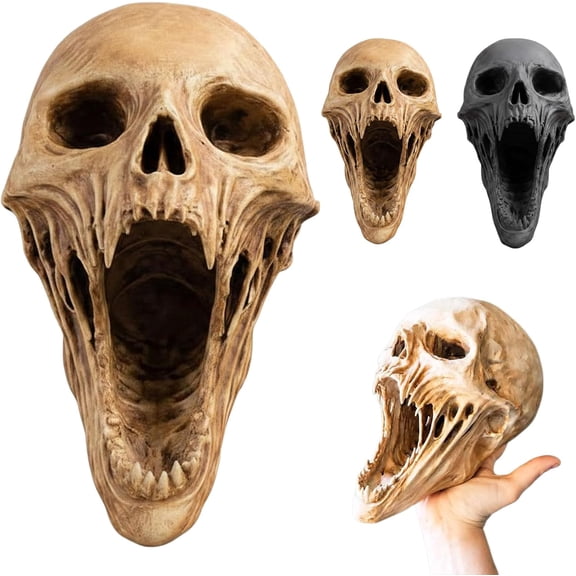 Gothic Skull Sculpture, 6.5 Inch 3D Printed Horror Art, Open Mouth Skull Decor for Dark Home Office Display(White)