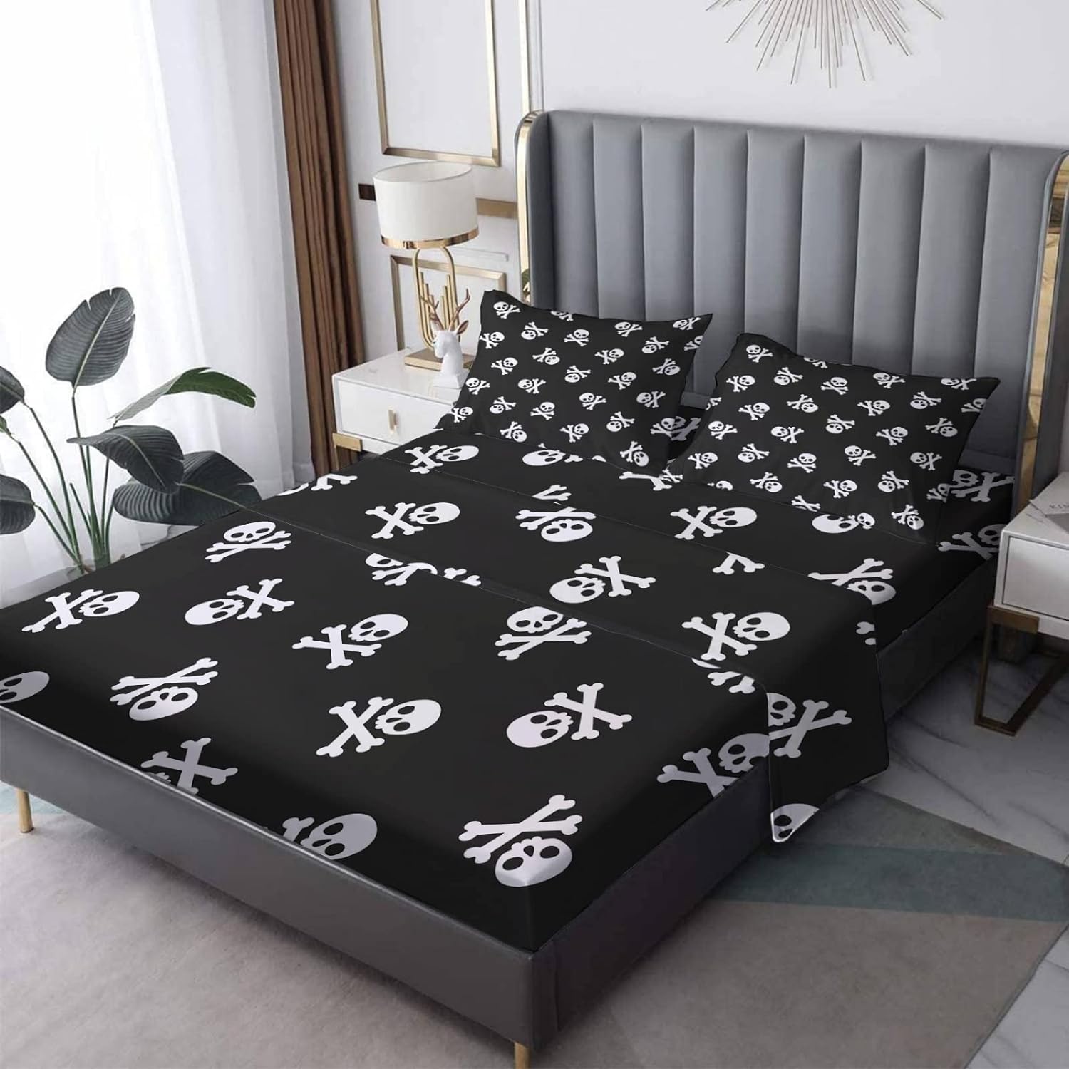Gothic Skull Sheets Twin Xl Size Bed Set, Skeleton Pattern Bedding