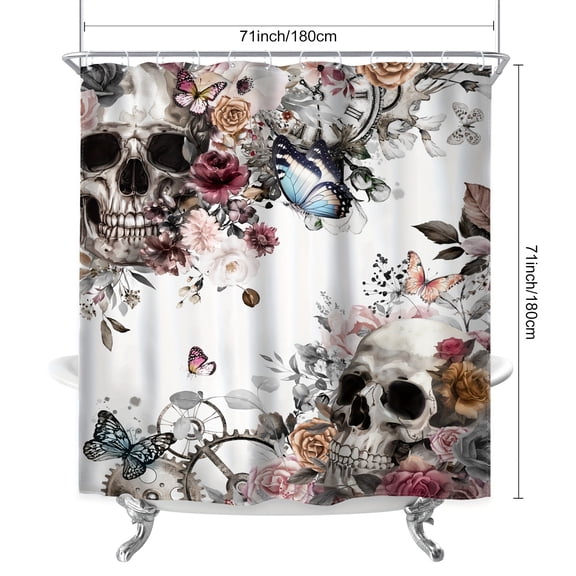 Gothic Skull Shower Curtain Set - Bathroom Sets Full Set with Non-slip Bathroom Floor Mat,Toilet U-Shaped Mat,Cover Mat, Rose Butterfly Flowers Spooky Scary Bone Romantic Horror Artwork With 12 Hooks